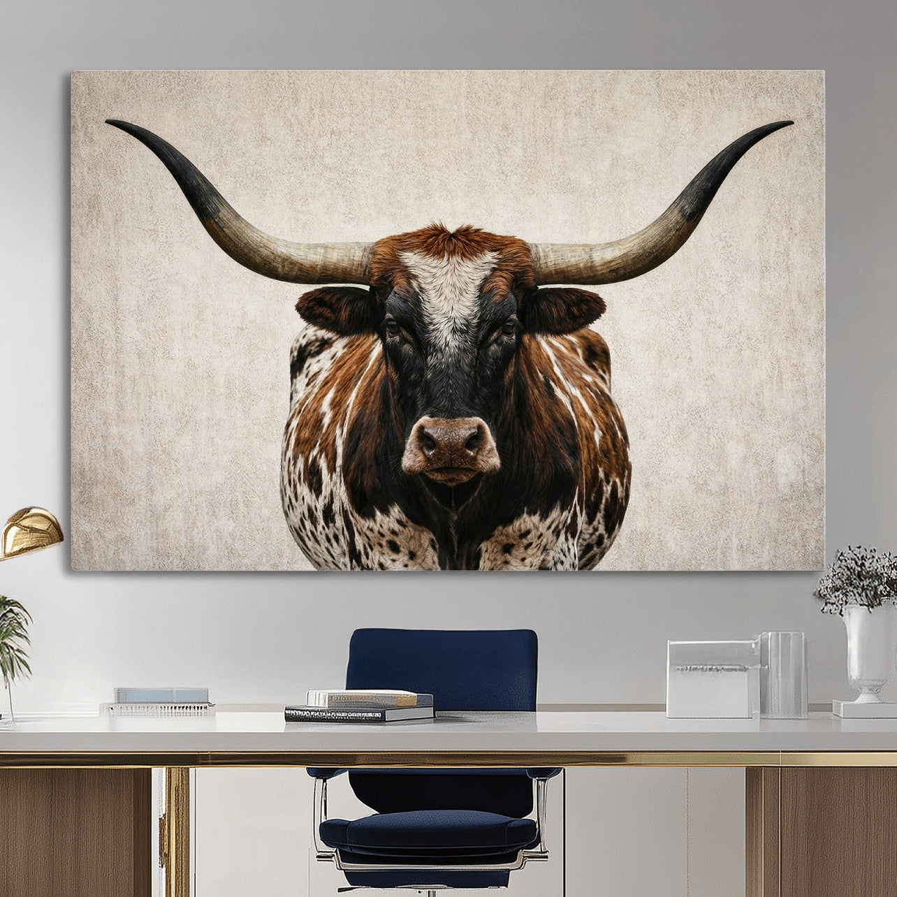 58622065-MGV-CV-36X24 - Texas Longhorn Canvas Wall Art Western Bull Desert Moody Grey Overcast Rustic Farmhouse Framed Large for Living Room Bedroom Office Decor