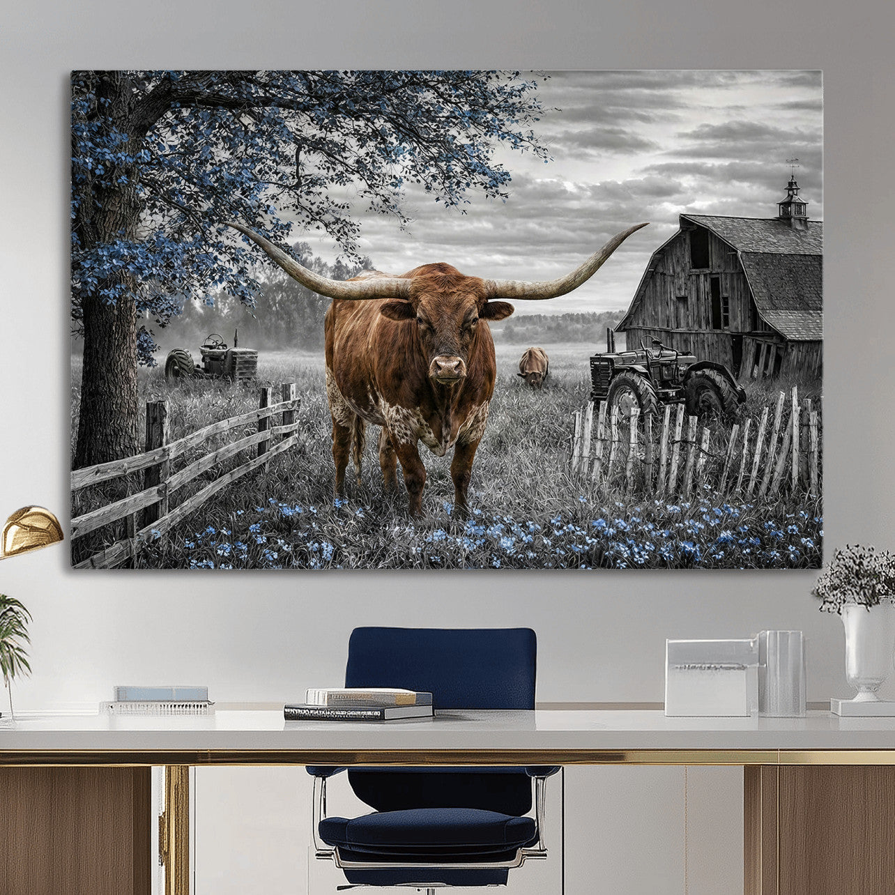 19366343-MGV-CV-36X24 - Texas Longhorn Canvas Wall Art, Rustic Farm Barn Bluebonnet Photography Print, Farmhouse Country Decor, Western Ranch Art, Old Truck Tractor Print
