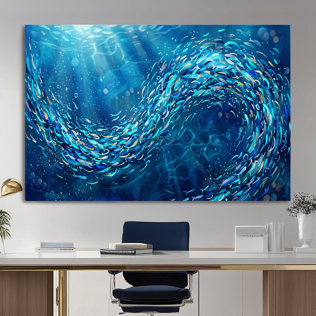 54535639-MGV-CV-36X24 - School of Fish Canvas Print | Blue Ocean Underwater Wall Art | Swirling Fish Shoal Illustration | Marine Navy Coastal Decor