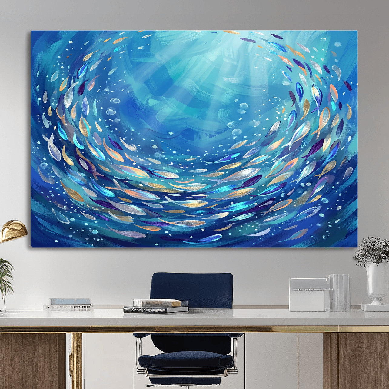 78699899-MGV-CV-36X24 - School of Fish Canvas Print | Blue Ocean Underwater Wall Art | Swirling Fish Shoal Illustration | Marine Navy Coastal Decor