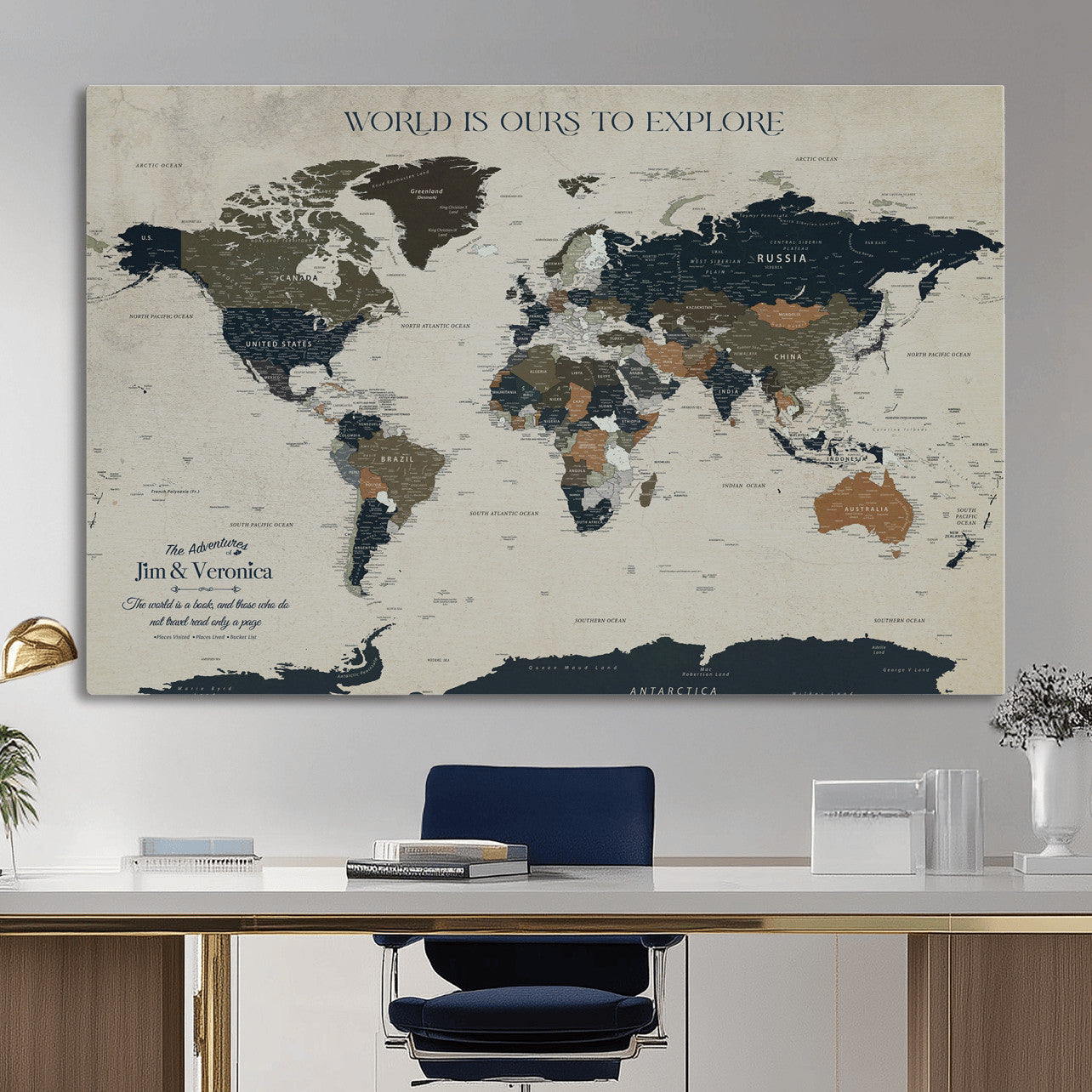 64110391126C-MGV-CV-36X24 - Custom Push Pin World Map Wall Art Canvas Print – Personalized Travel Tracker with Pins Framed Large for Home and Office Decor