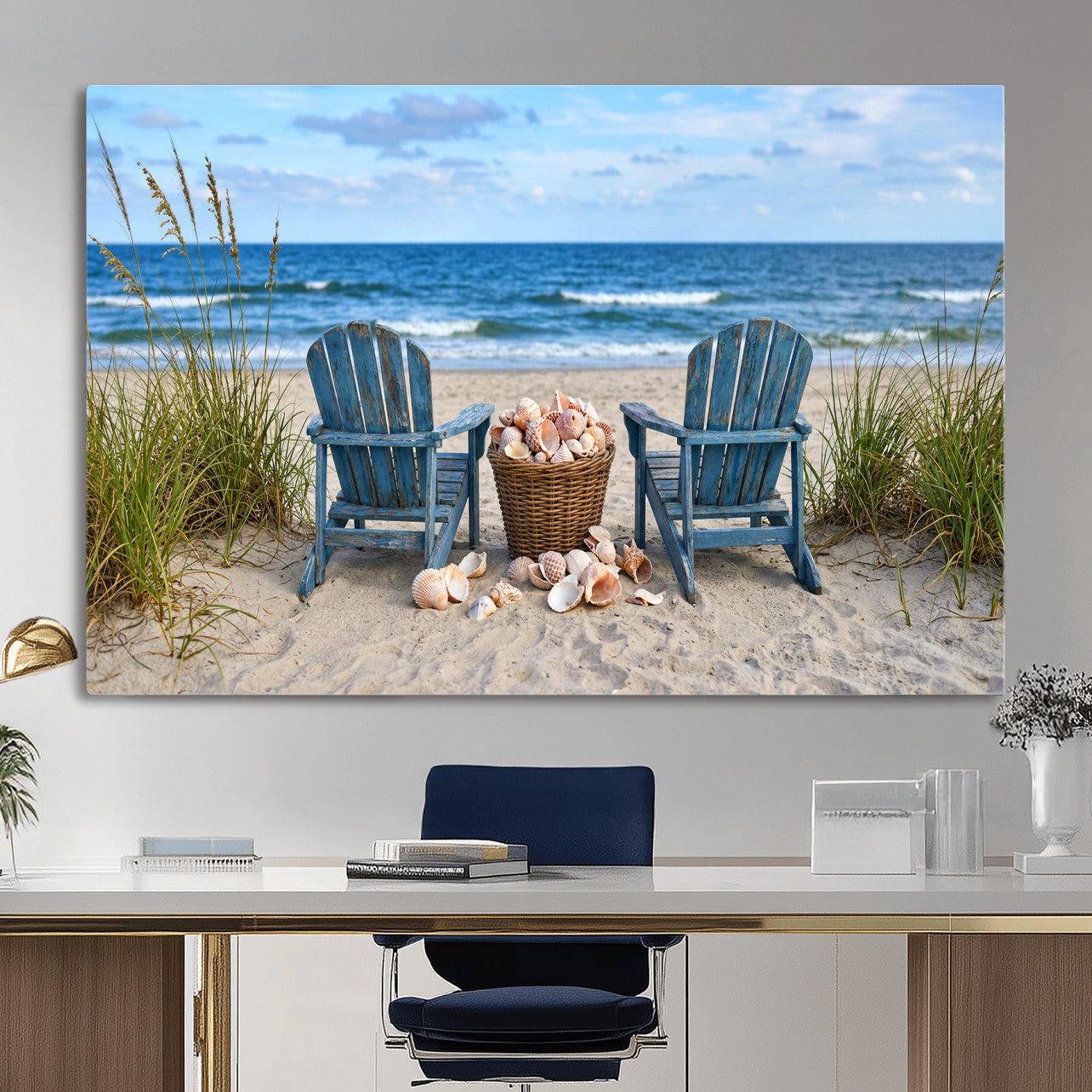 80268829-MGV-CV-36X24 - Large Beach Canvas Wall Art Coastal Adirondack Chairs Ocean Seashells Blue Nautical Framed Large for Living Room Bedroom Bathroom Decor