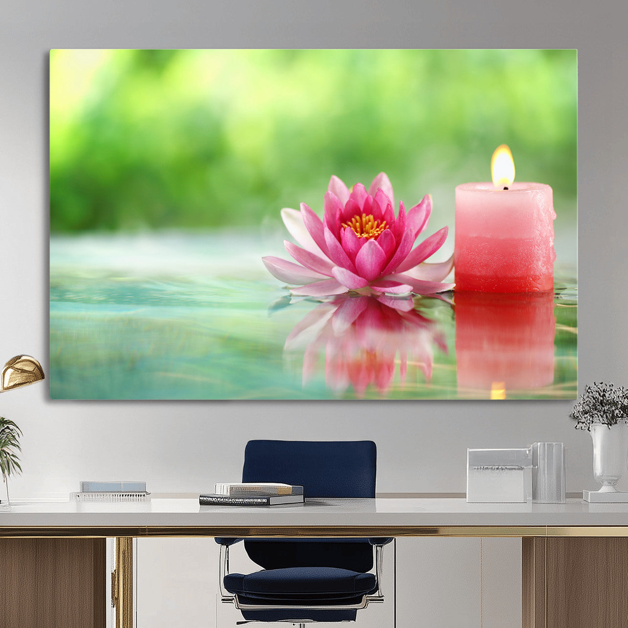 17661715-MGV-CV-36X24 - Zen Lotus Candle Canvas Wall Art Pink Spa Meditation Relaxation Green Bokeh Framed Large for Bathroom Bedroom Living Room Office Decor