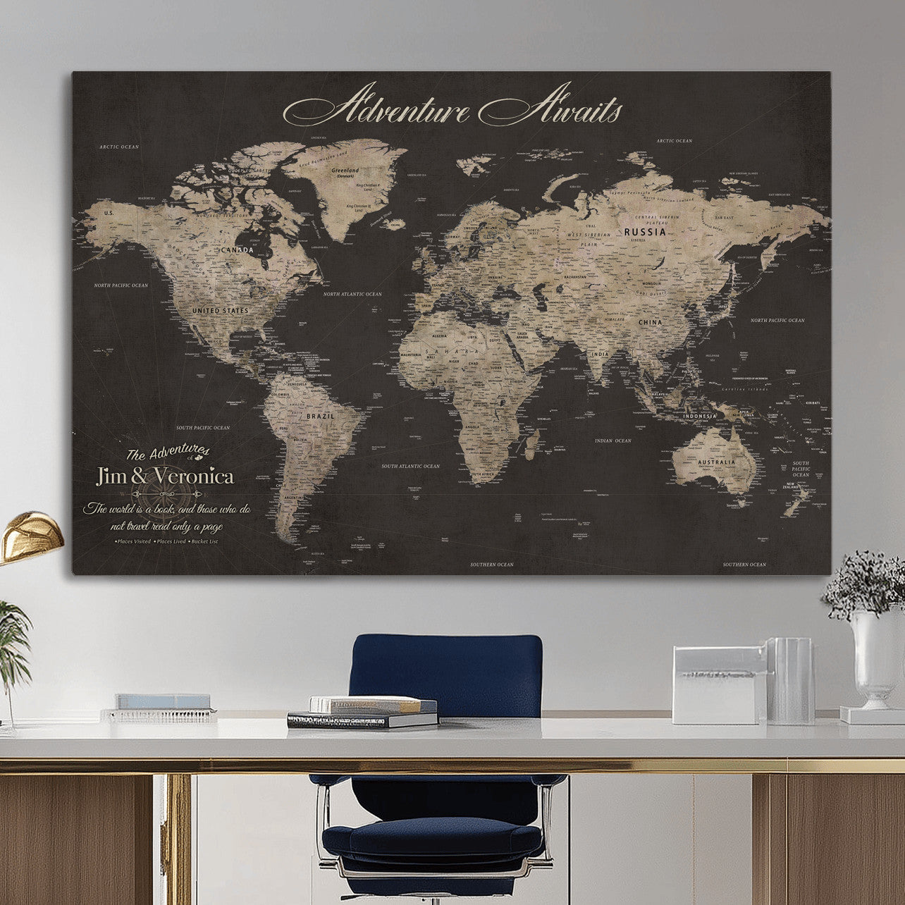 56556018136C-MGV-CV-36X24 - Custom World Map with Pins Canvas Wall Art Dark Charcoal Antique Tan Detailed Every Country Labeled Framed Large for Home Office Living Room Bedroom Decor