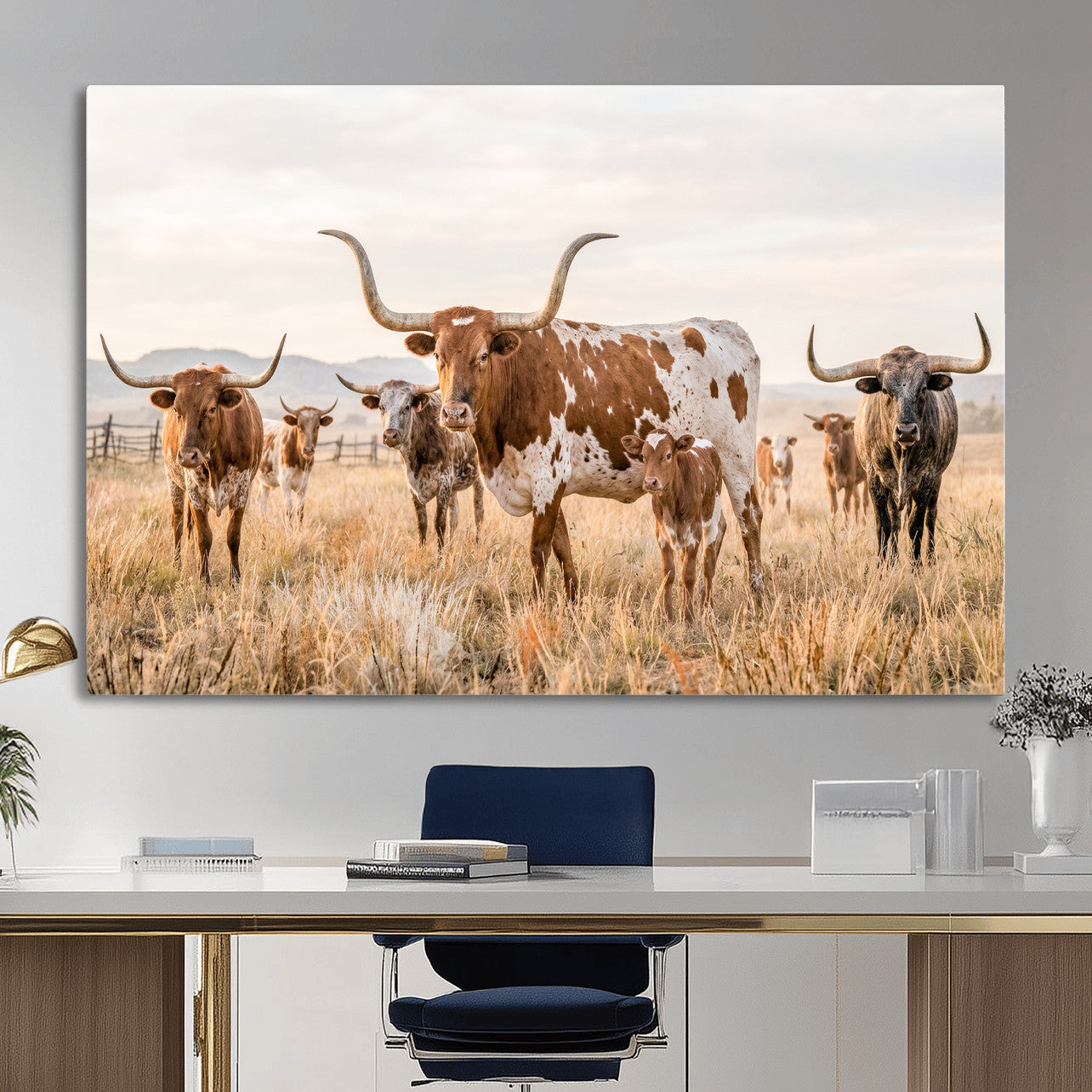 62336425AC-MGV-CV-36X24 - Texas Longhorn Canvas Wall Art, Rustic Farm Animal Photography Print, Farmhouse Country Decor, Western Ranch Art