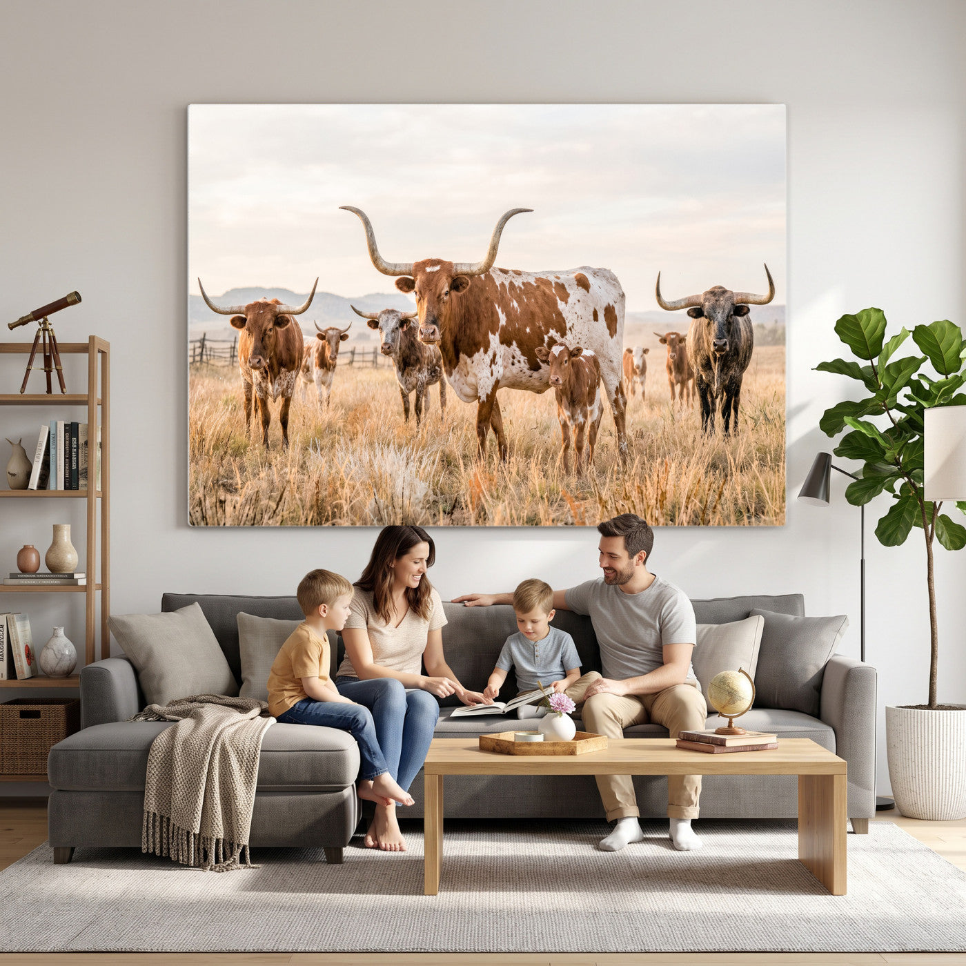 62336425AC-MGV-CV-36X24 - Texas Longhorn Canvas Wall Art, Rustic Farm Animal Photography Print, Farmhouse Country Decor, Western Ranch Art