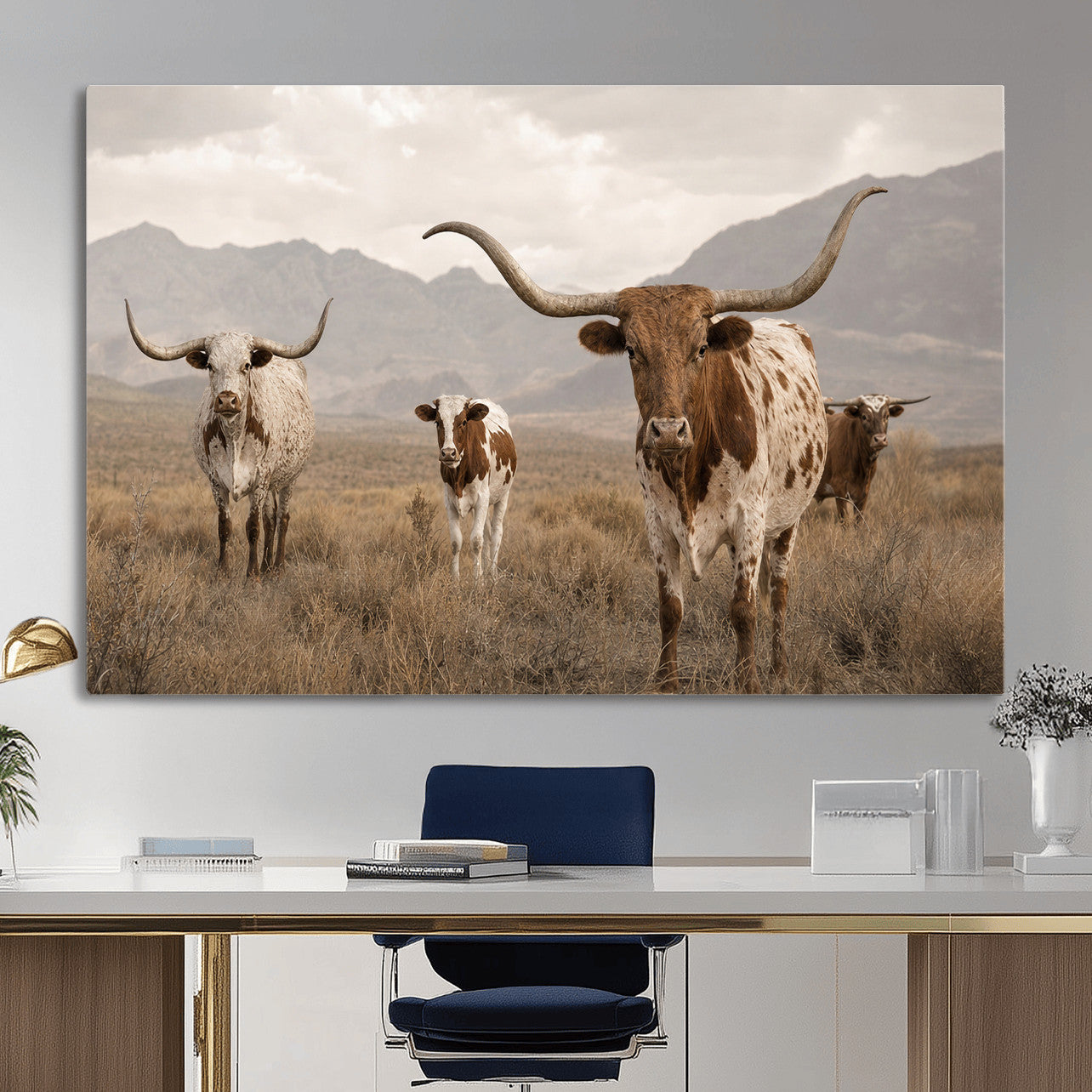 62336425AD-MGV-CV-36X24 - Rustic Texas Longhorn Cow Canvas Wall Art Print, Rustic Farm Animal Photography Print, Farmhouse Country Decor, Western Ranch Art