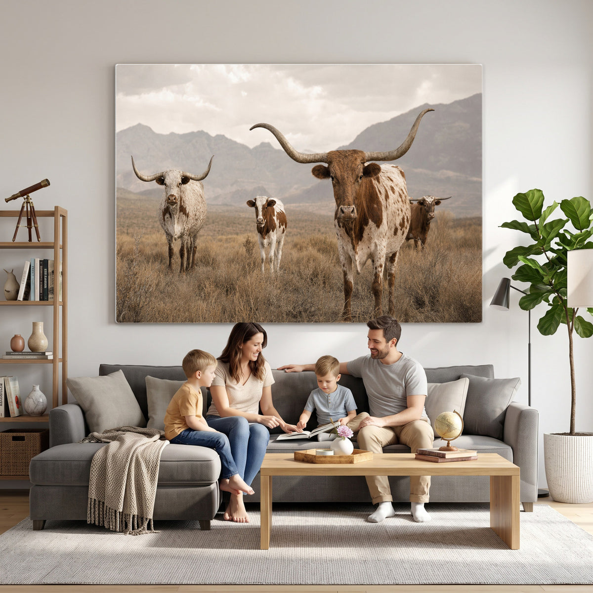 62336425AD-MGV-CV-36X24 - Rustic Texas Longhorn Cow Canvas Wall Art Print, Rustic Farm Animal Photography Print, Farmhouse Country Decor, Western Ranch Art