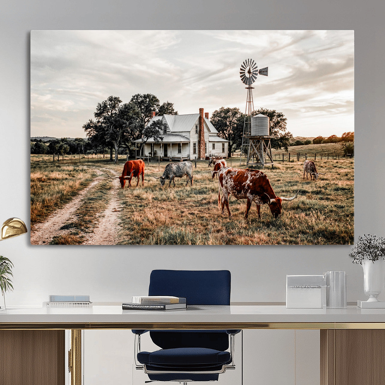 92429425-MGV-CV-36X24 - Texas Longhorn Ranch Wall Art Canvas Print, Rustic Western Farmhouse Decor, Country Landscape Canvas Wall Art, Vintage Cowboy Ranch Picture