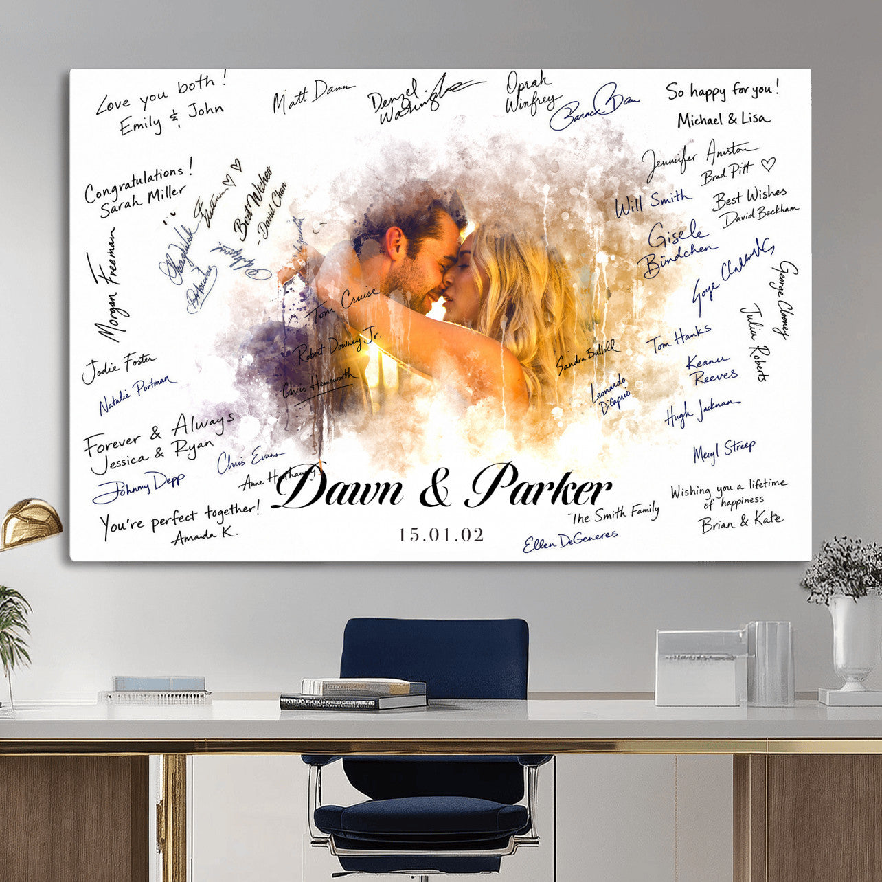 74713307-MGV-CV-36X24 - Wedding Guest Book Alternative Wall Art Canvas Print, Personalized Wedding Signature Poster, Custom Couple Photo Guestbook Canvas, Bridal Shower Reception Decor