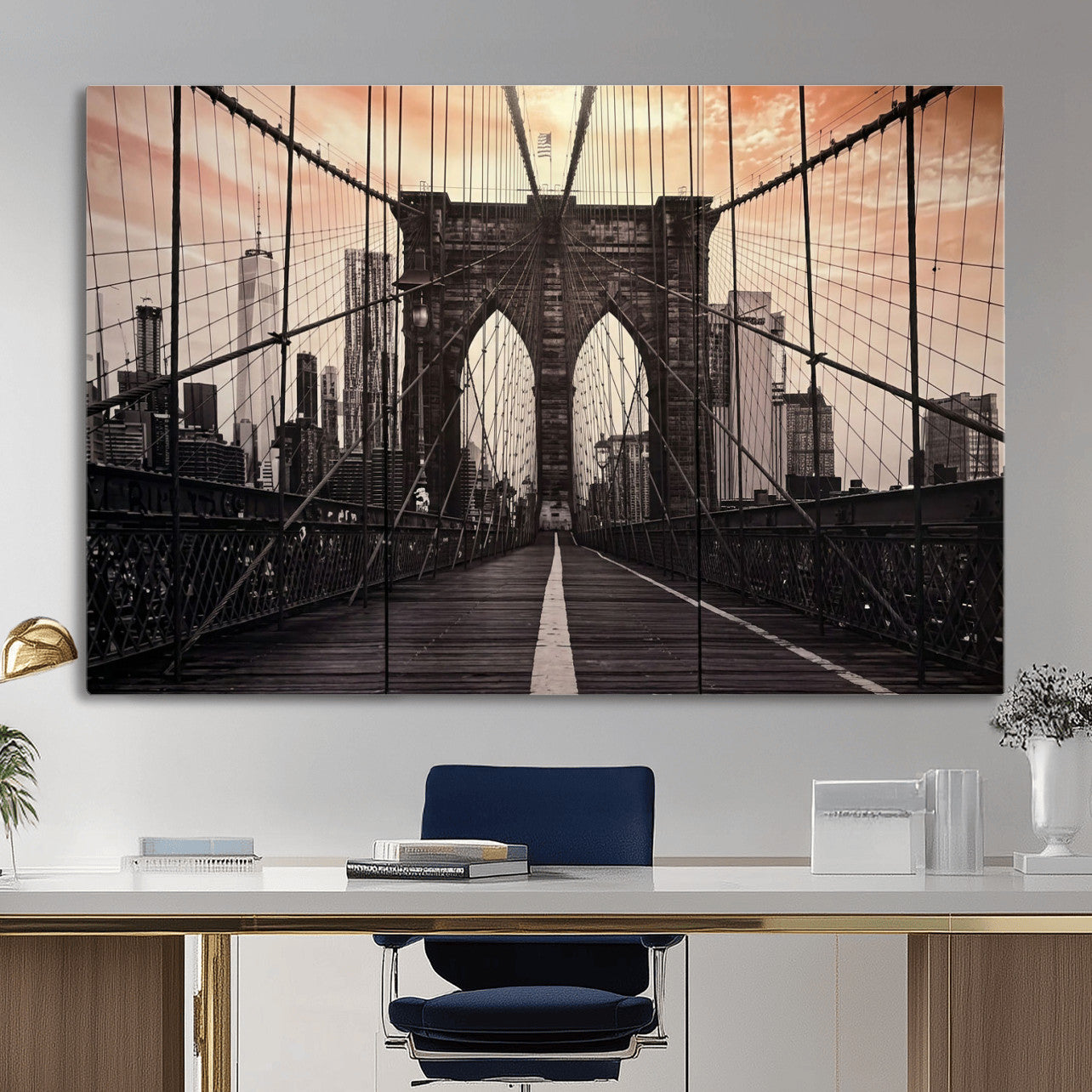 93226664-MGV-CV-36X24 - Brooklyn Bridge Canvas Wall Art, New York City Skyline Photography Print, NYC Landmark Urban Decor Artwork