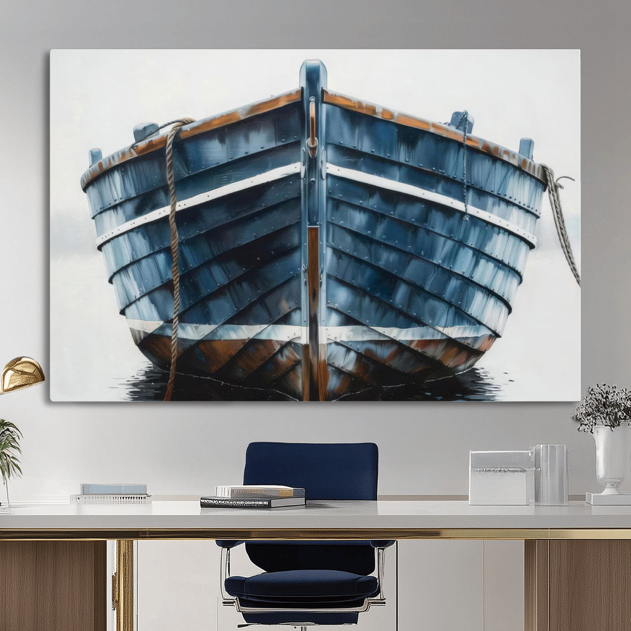 21601740-MGV-CV-36X24 - Blue Wooden Rowboat Canvas Wall Art, Coastal Nautical Boat Painting Print for Lake Beach House Decor, Minimalist Maritime Decor Artwork