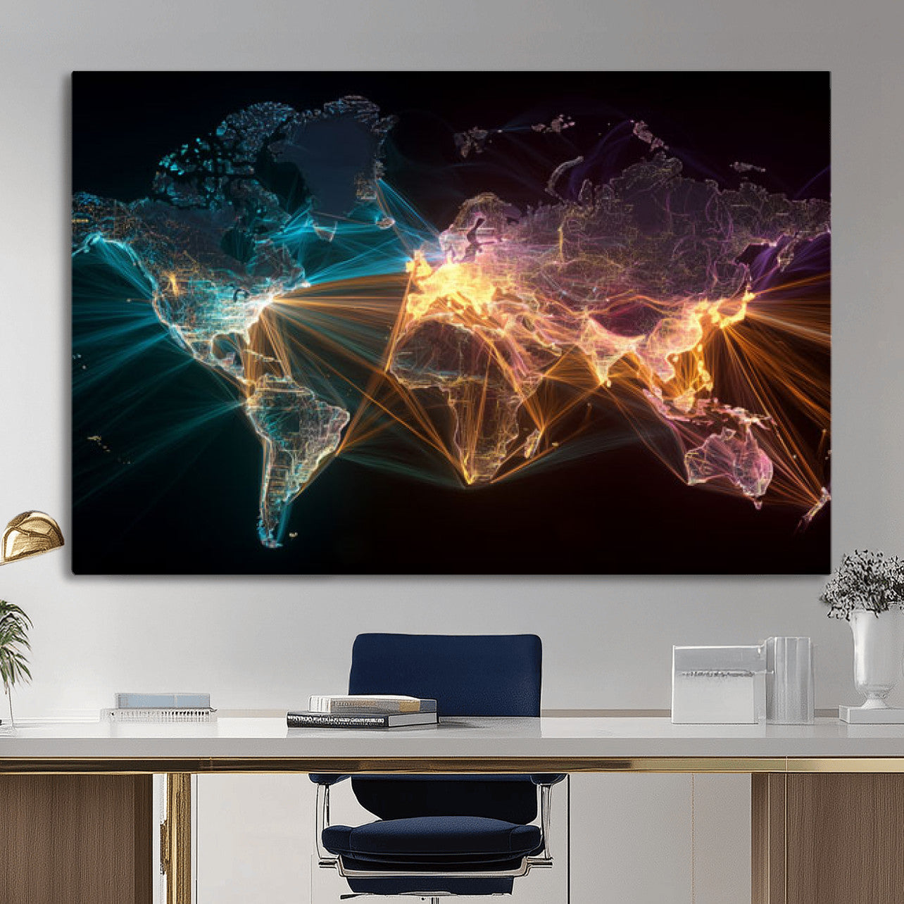 14891737-MGV-CV-36X24 - World Map and Global Flight Routes Map Canvas Wall Art, Worldwide Aviation Network Print, International Air Travel Wall Decor