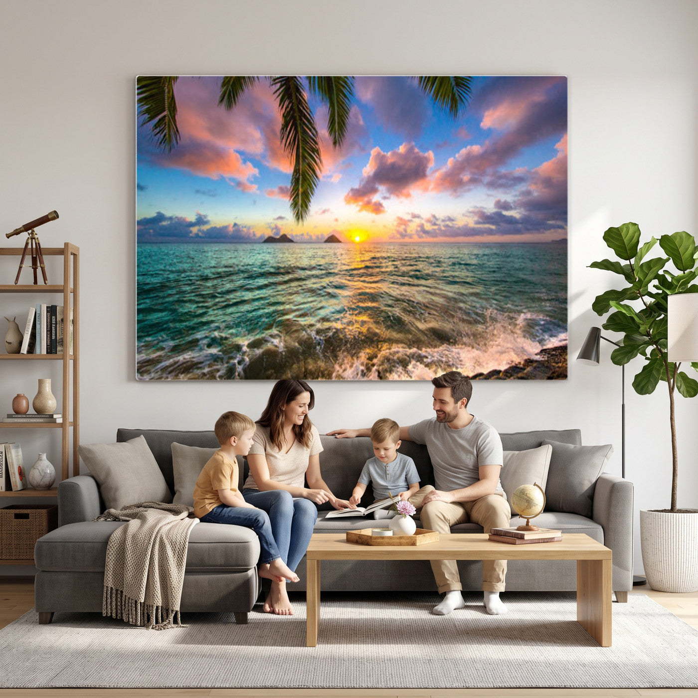 13207742-MGV-CV-36X24 - Hawaii Beach Sunset Canvas Wall Art Print, Tropical Ocean Landscape Artwork, Palm Tree Coastal Decor for Living Room Bedroom