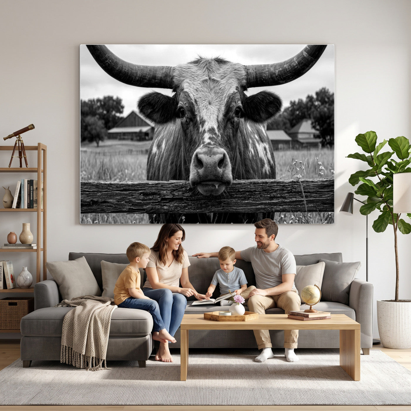 59378683B-MGV-CV-36X24 - Black White Texas Longhorn Bull Canvas Wall Art, Western Ranch Cattle Photography Print, Rustic Farmhouse Cowboy Decor Artwork