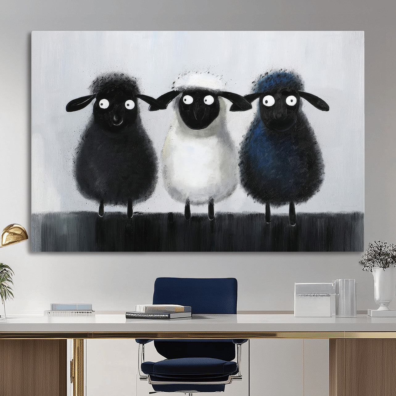 45650028-MGV-CV-36X24 - Funny Sheep Canvas Wall Art, Three Quirky Sheep Painting Print, Cute Animal Nursery Decor, Black White Navy Farmhouse Art, Kids Room Gift