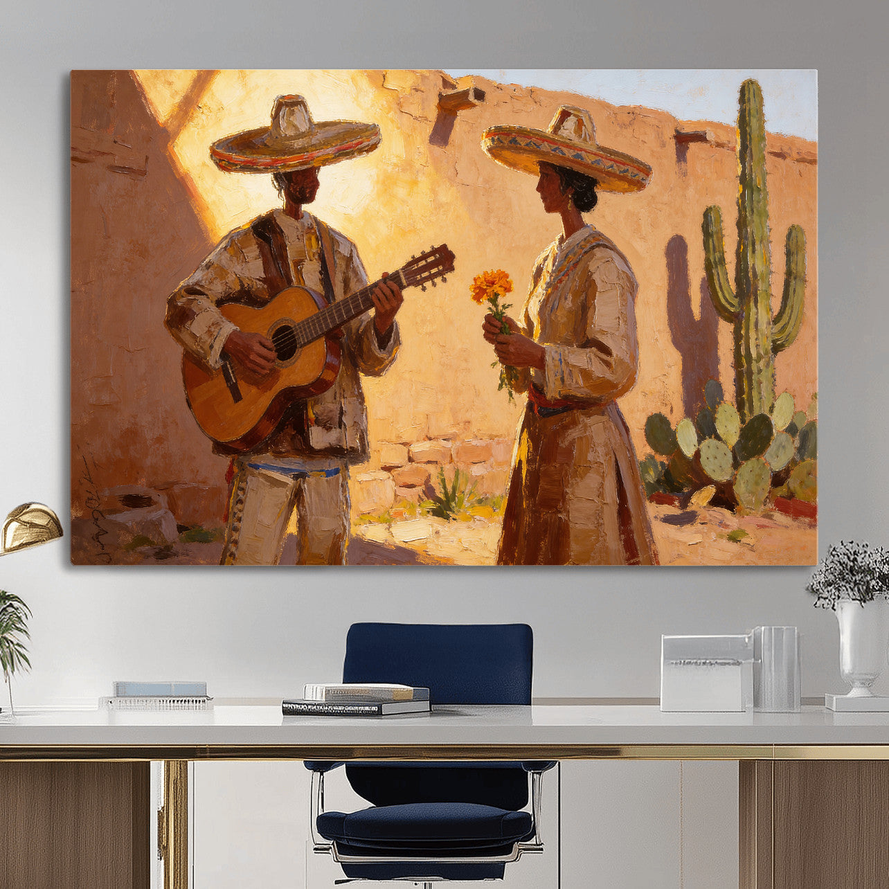 41849005-MGV-CV-36X24 - Mexican Couple Canvas Wall Art, Romantic Serenade Guitar Painting Print, Southwestern Desert Adobe Decor, Warm Golden Folk Art, Living Room Art