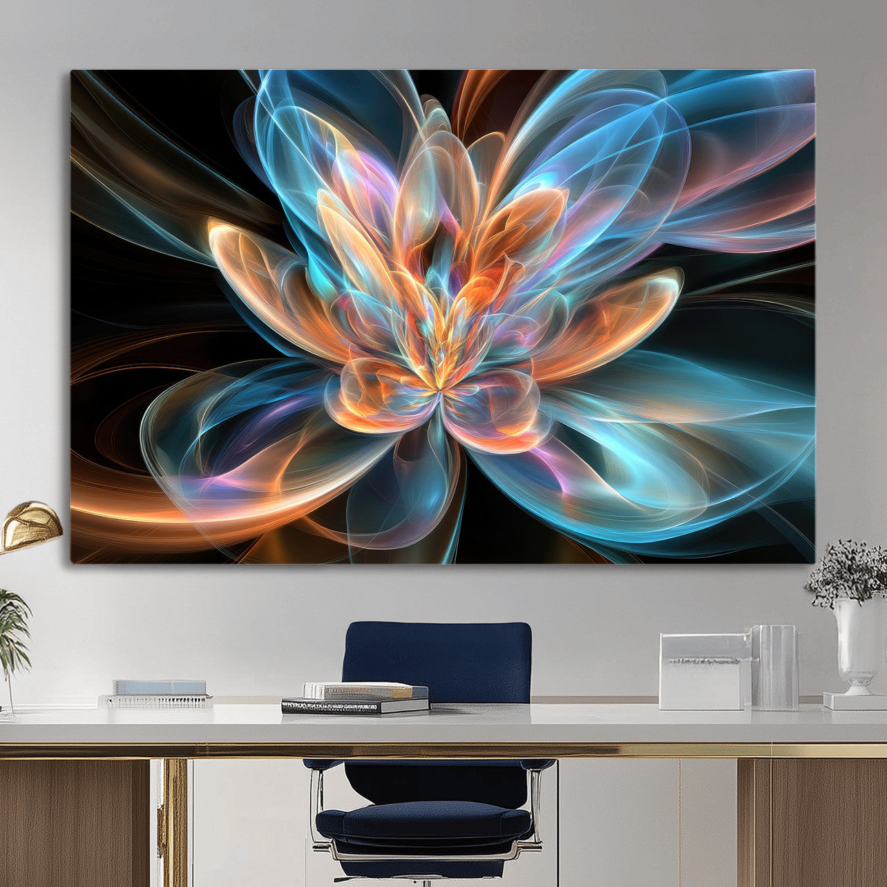 91902283-MGV-CV-36X24 - Fractal Lotus Canvas Wall Art, Blue Orange Glowing Flower Abstract Print, Modern Zen Meditation Room Decor, Ethereal Digital Art, Living Room