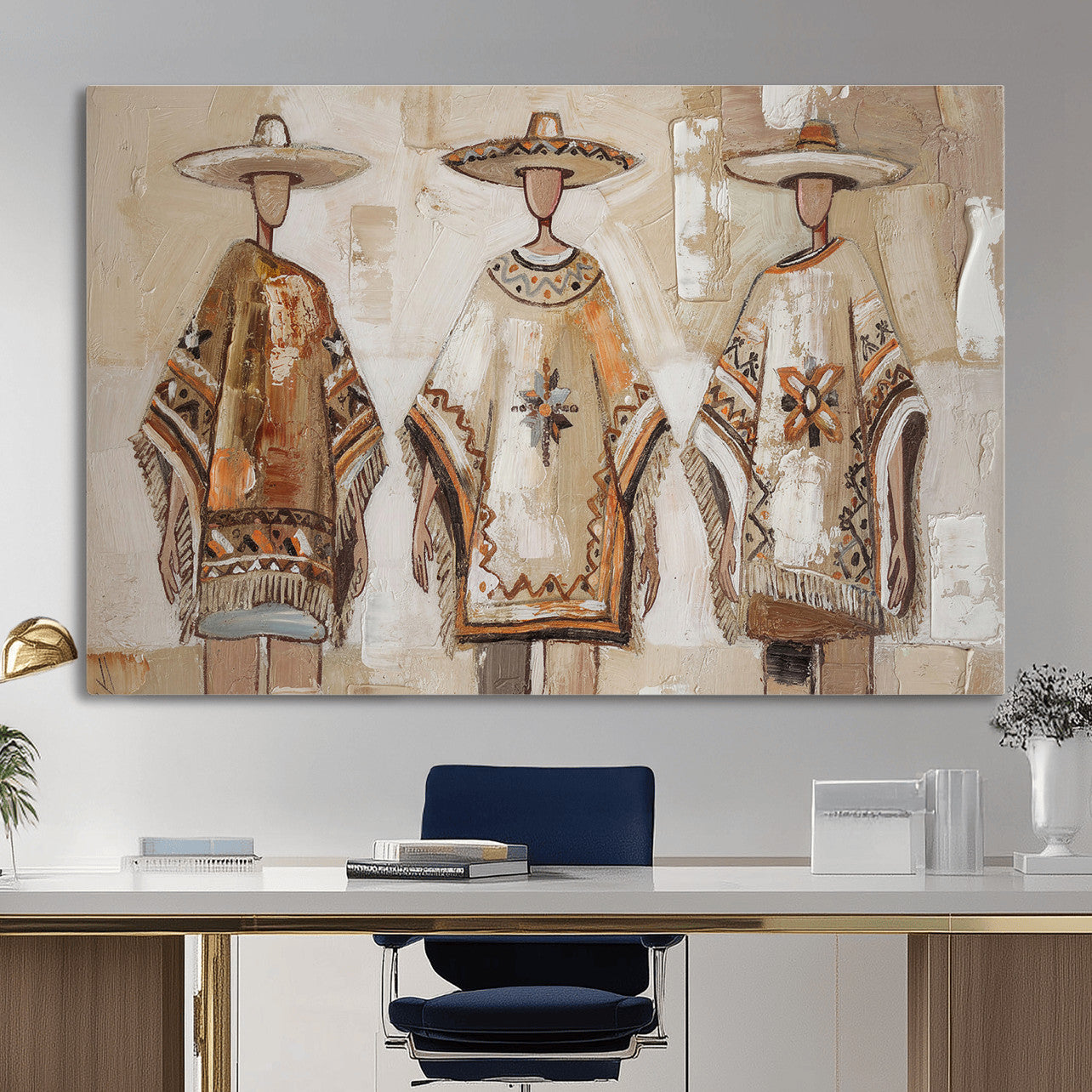 85373290-MGV-CV-36X24 - Mexican Folk Art Canvas Wall Art, Charro Poncho Sombrero Painting Print, Neutral Beige Boho Decor, Southwestern Impasto Style, Living Room Art