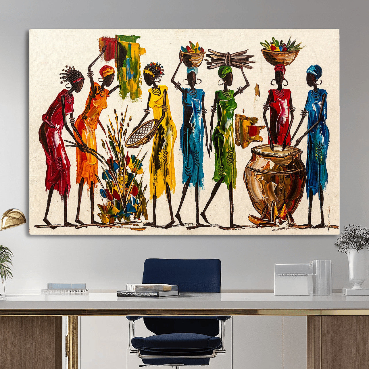 83463154-MGV-CV-36X24 - African Folk Art Canvas Wall Art, Colorful African Women Village Painting Print, Tribal Ethnic Home Decor, Vibrant African Art, Living Room