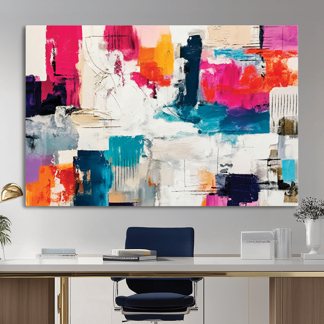 57864023-MGV-CV-36X24 - Blue Teal Abstract Canvas Wall Art | Modern Textured Painting Print, Navy Orange White Contemporary Art, Neutral Living Room Decor, Office Art