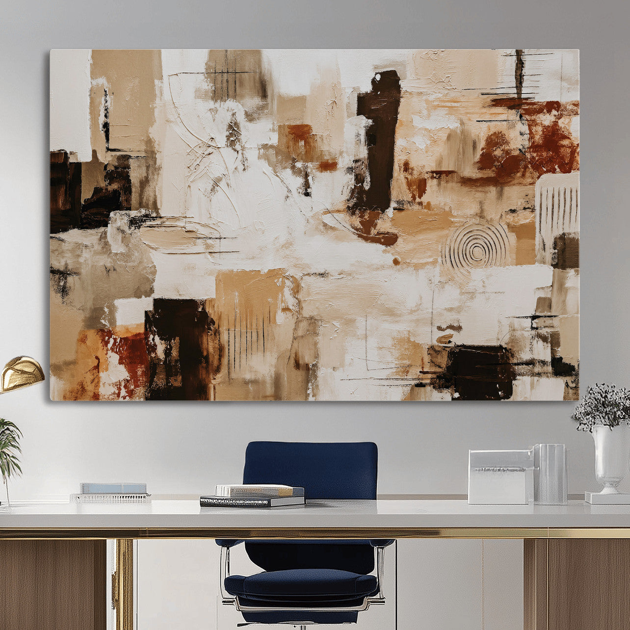 26560159-MGV-CV-36X24 - Blue Teal Abstract Canvas Wall Art, Modern Textured Painting Print, Navy Orange White Contemporary Art, Neutral Living Room Decor, Office Art