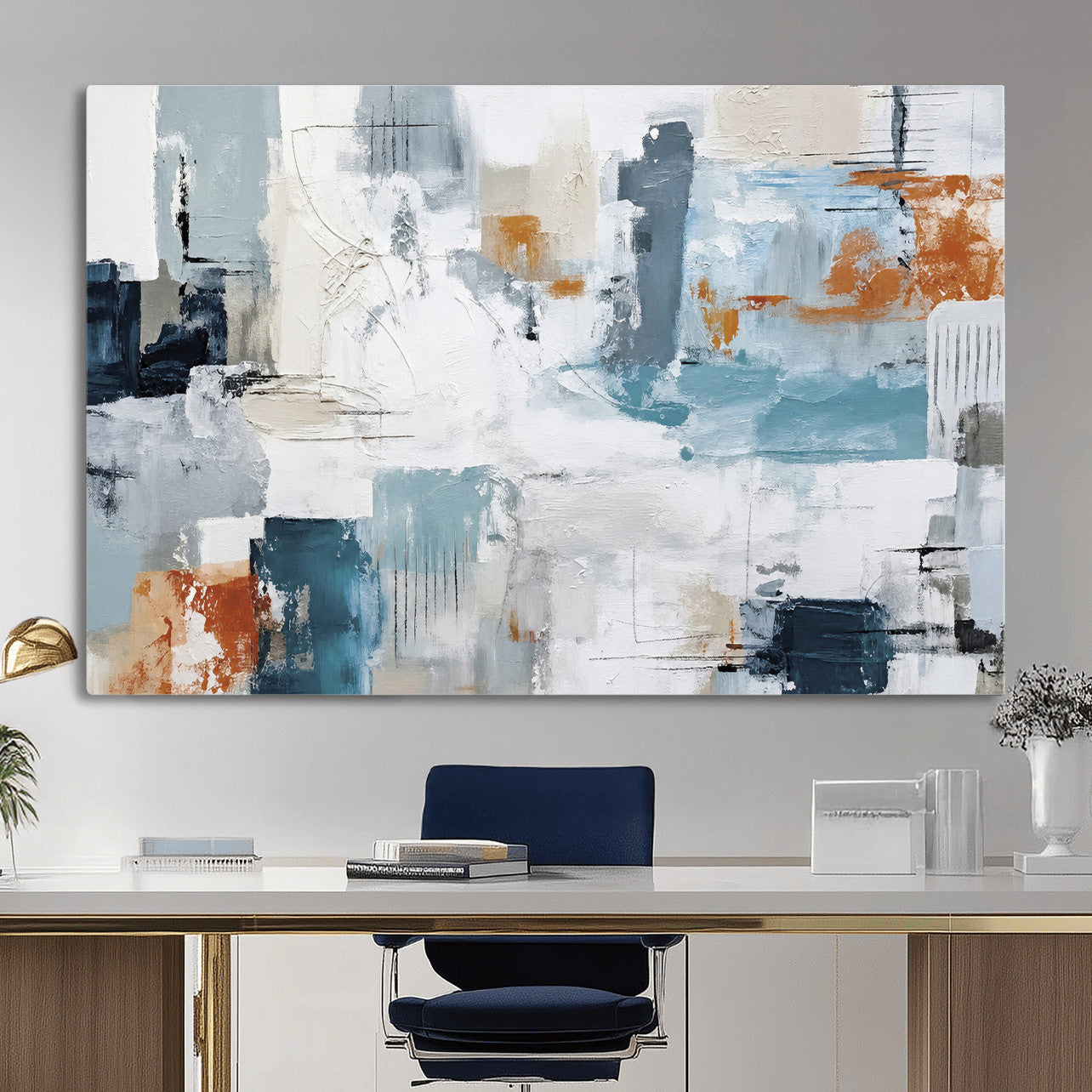 98638479-MGV-CV-36X24 - Blue Teal Abstract Canvas Wall Art, Modern Textured Painting Print, Navy Orange White Contemporary Art, Neutral Living Room Decor, Office Art