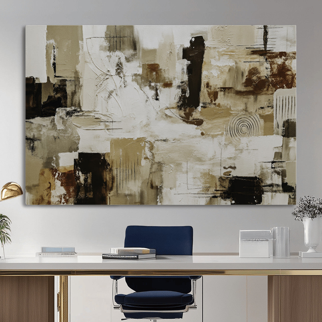 15668286-MGV-CV-36X24 - Blue Teal Abstract Canvas Wall Art, Modern Textured Painting Print, Navy Orange White Contemporary Art, Neutral Living Room Decor, Office Art