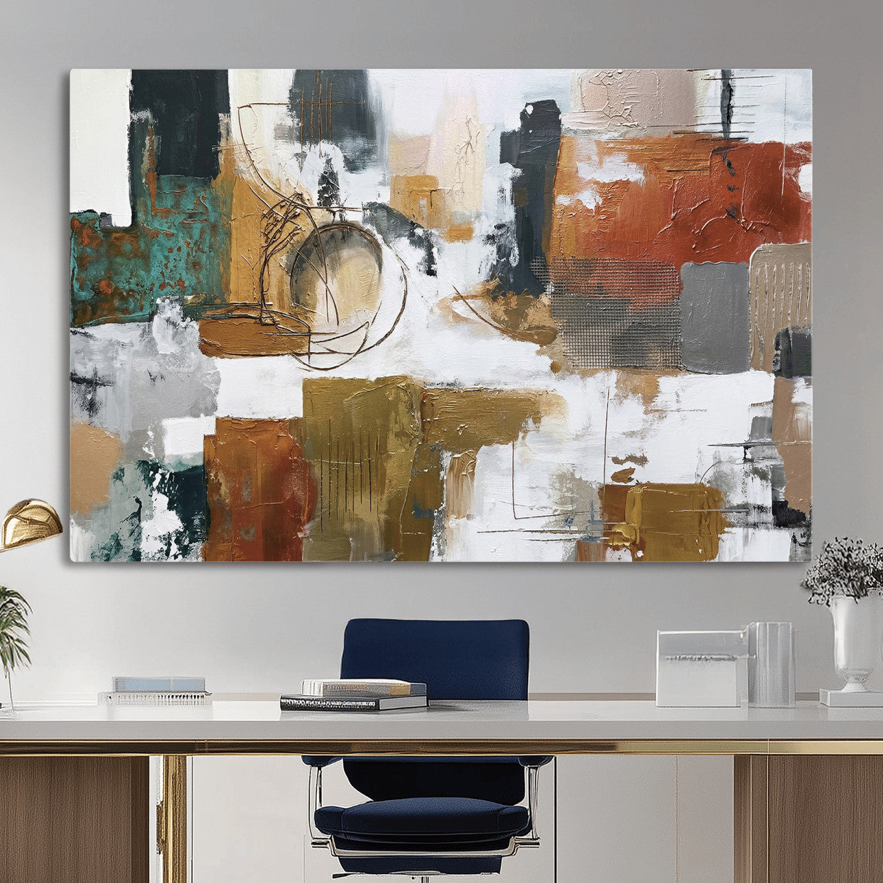 50720312-MGV-CV-36X24 - Blue Teal Abstract Canvas Wall Art, Modern Textured Painting Print, Navy Orange White Contemporary Art, Neutral Living Room Decor, Office Art