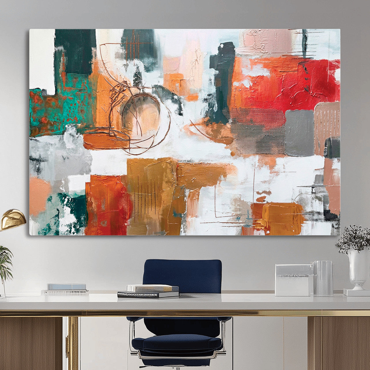 50720312-MGV-CV-36X24 - Blue Teal Abstract Canvas Wall Art | Modern Textured Painting Print, Navy Orange White Contemporary Art, Neutral Living Room Decor, Office Art.