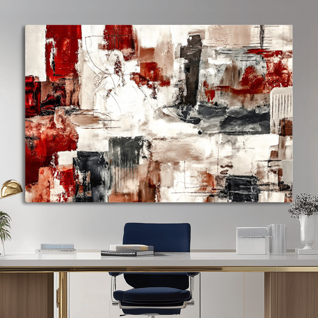 53022468-MGV-CV-36X24 - Blue Teal Abstract Canvas Wall Art, Modern Textured Painting Print, Navy Orange White Contemporary Art, Neutral Living Room Decor, Office Art