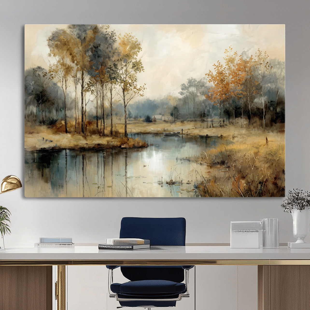 74391095-MGV-CV-36X24 - Abstract WatercolorAutumn Lake Canvas Wall Art Print, Misty Forest Landscape, Rustic Nature Painting, Cabin Wall Decor | Ready to Hang