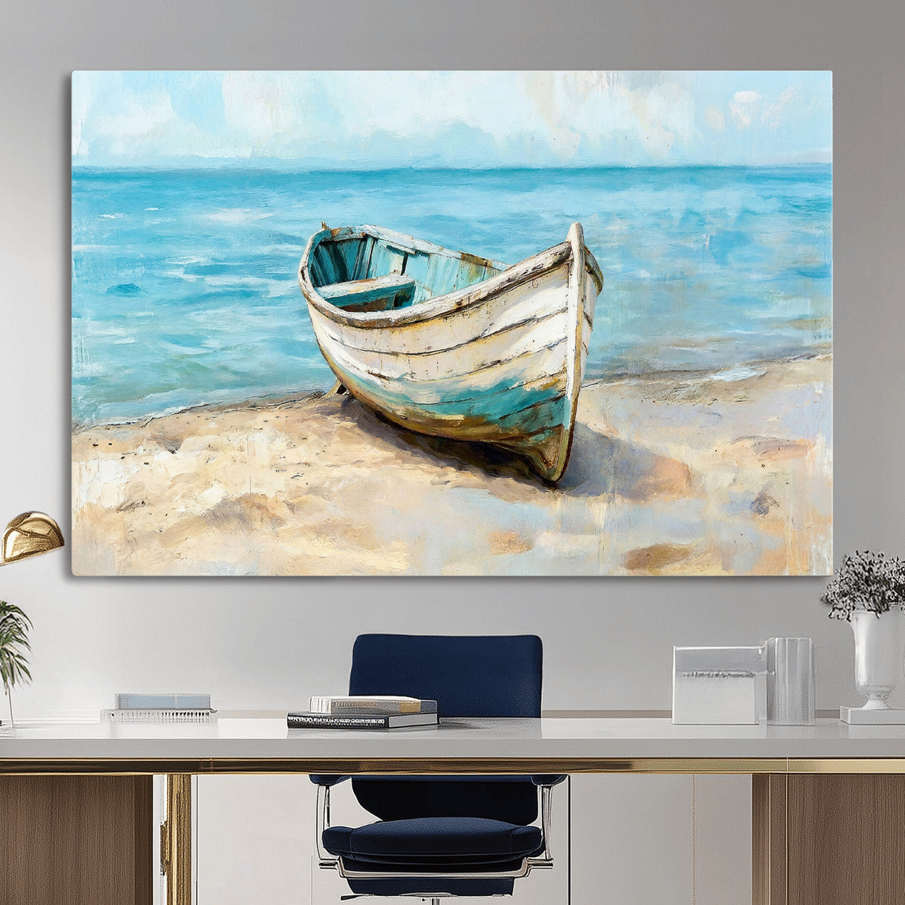 14780565-MGV-CV-36X24 - Coastal Boat Canvas Wall Art Print, Beach Boat Painting, Nautical Ocean Decor, Seascape Wall Art, Ready to Hang