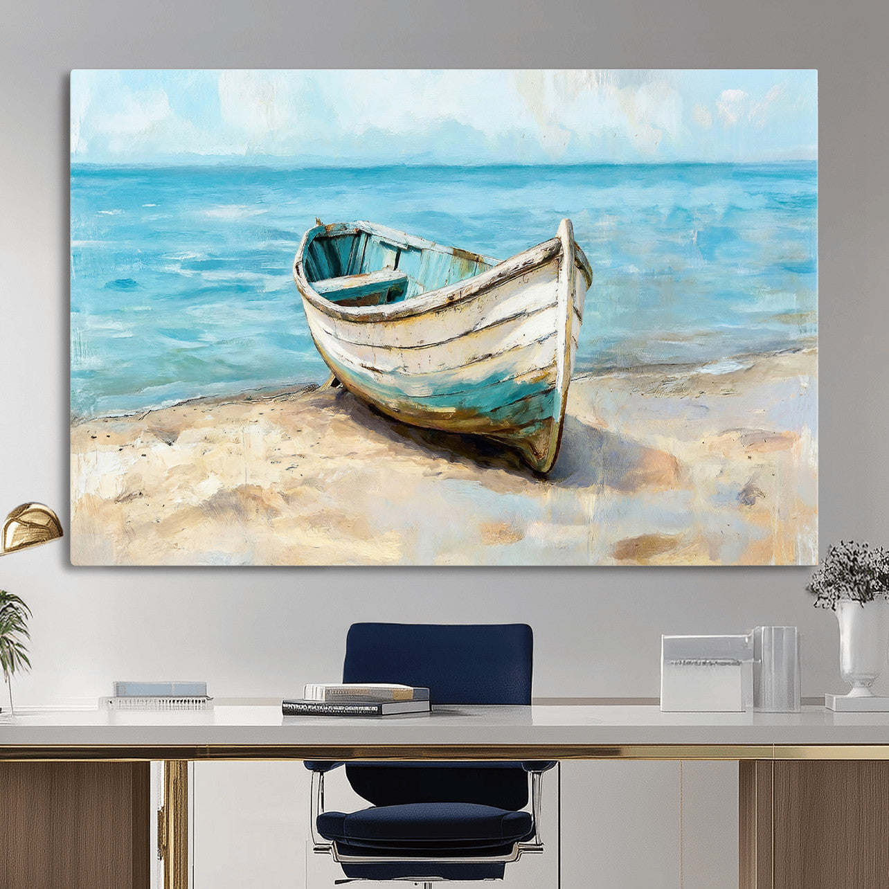 14780565-MGV-CV-36X24 - Coastal Boat Canvas Wall Art Print, Beach Boat Painting, Nautical Ocean Decor, Seascape Wall Art - Ready to Hang