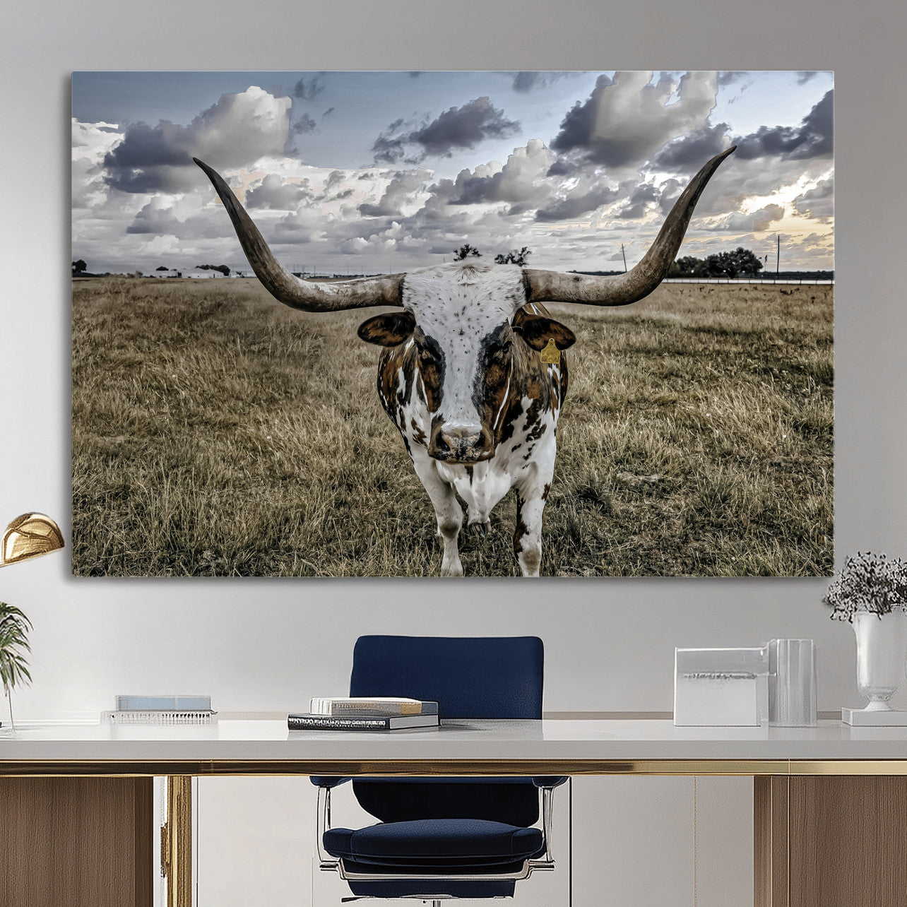 17464823-MGV-CV-36X24 - Texas Longhorn Canvas Wall Art Print, Western Cow Photography, Rustic Ranch Decor, Farmhouse Wall Art, Ready to Hang