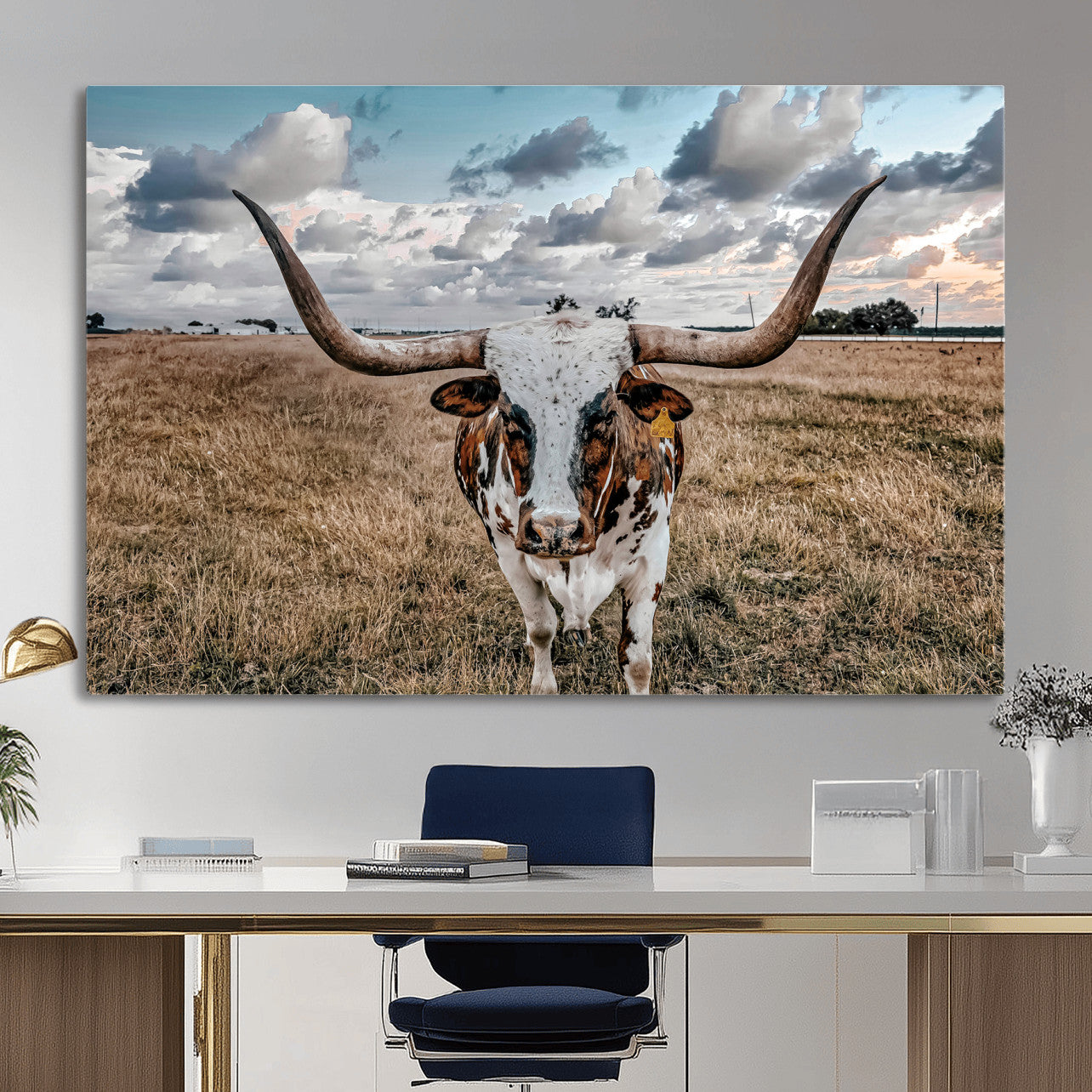 17464823-MGV-CV-36X24 - Texas Longhorn Canvas Wall Art Print, Western Cow Photography, Rustic Ranch Decor, Farmhouse Wall Art, Ready to Hang