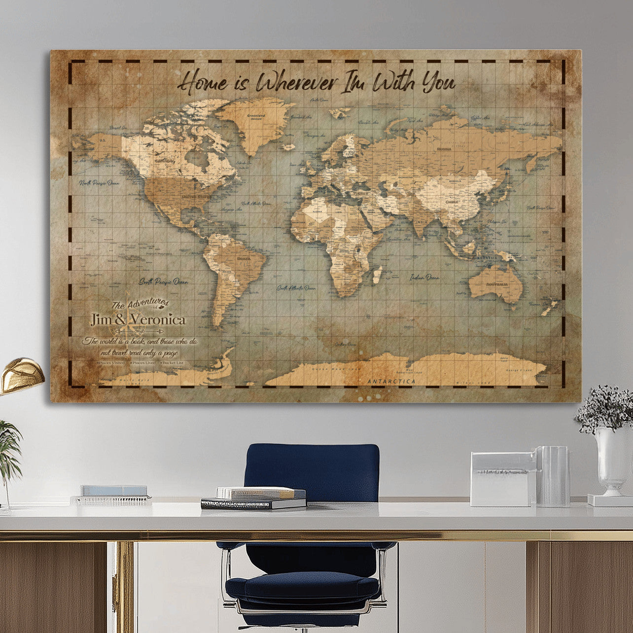 97123877-MGV-CV-36X24 - Vintage Custom Push Pin World Map, Vintage Travel Map Canvas, Personalized Names Anniversary Gift, Places Visited Pin Board, Couples Adventure Art
