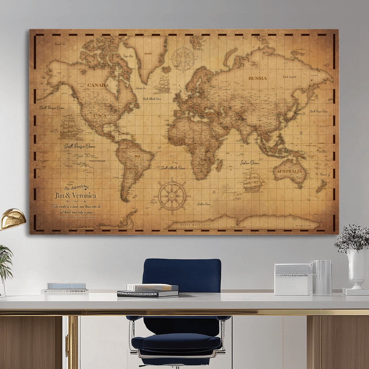 55328610-MGV-CV-36X24 - Personalize Push Pin World Map, Vintage Travel Map Canvas, Custom Names Anniversary Gift, Places Visited Pin Board, Couples Adventure Arts