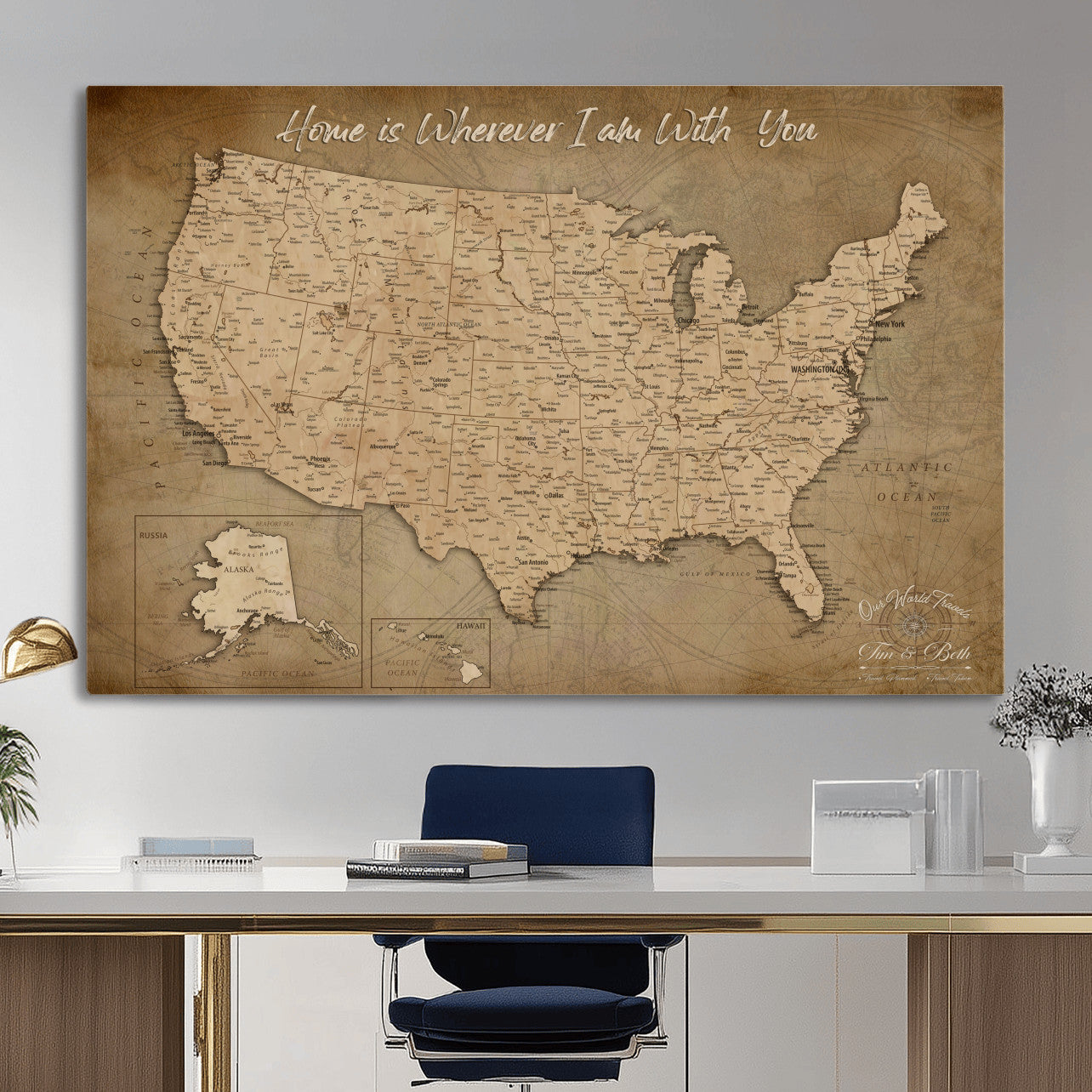 21454917-MGV-CV-36X24 - Personalized USA Push Pin Travel Map, Custom United States Map, Push Pin Map, USA Bucket List Map, Anniversary Gift - Couple Travel Map Wall Art