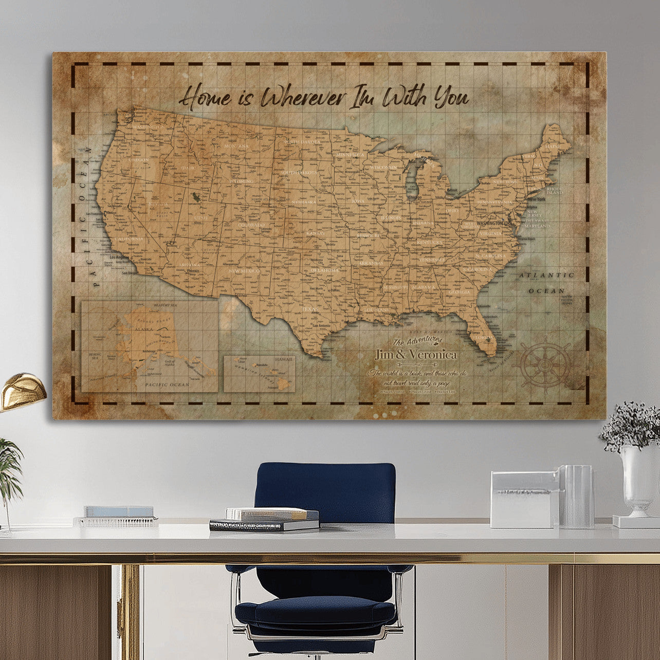 87620242-MGV-CV-36X24 - Personalized USA Push Pin Travel Map, Custom United States Map, Push Pin Map, USA Bucket List Map, Anniversary Gift, Couple Travel Map Wall Art