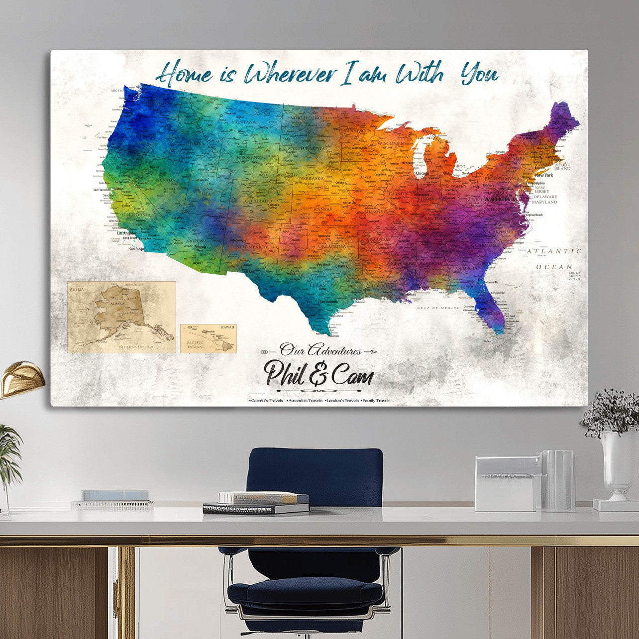 17251793-MGV-CV-36X24 - Watercolor USA Travel Map with Pins Colorful Modern Canvas Wall Art