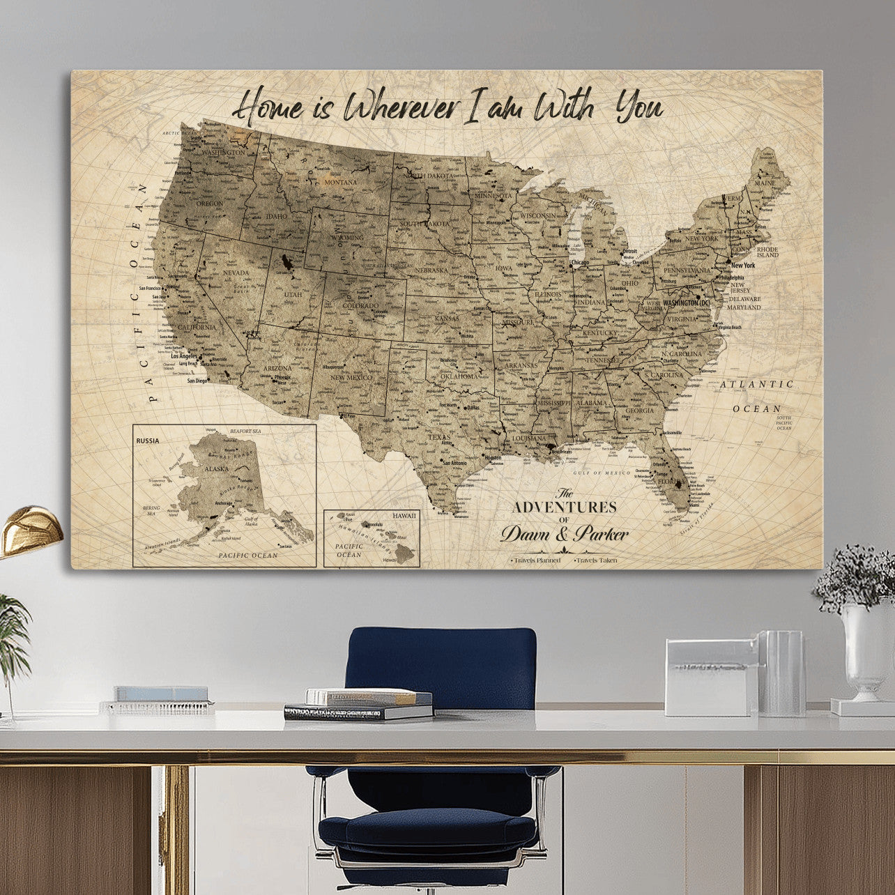 25440520-MGV-CV-36X24 - Personalized United States Map Canvas Wall Art with Push Pins Detailed