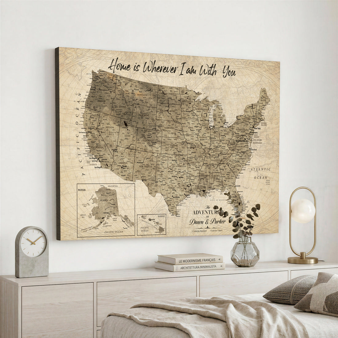Detailed Personalized Push Pin United States Map Wall Art, States Visited Map, Office and Hallway Decor