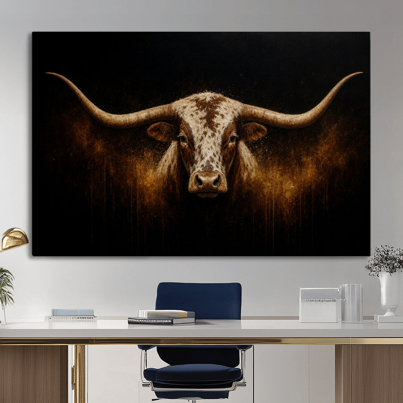 12628958-MGV-CV-36X24 - Texas Longhorn Canvas Wall Art Moody Western Bull Oil Painting Print