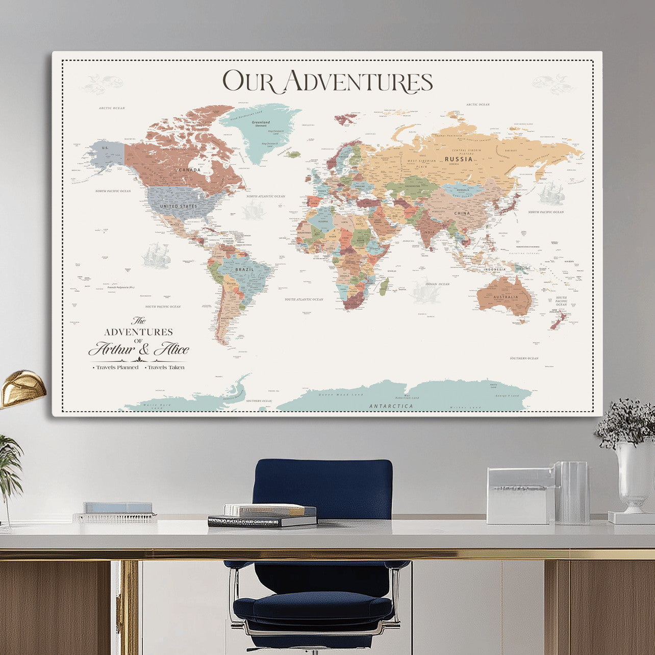 NEWMAP-4-MGV-CV-36X24 - Push Pin Customize World Map with Pins Board Wall Art Canvas Print