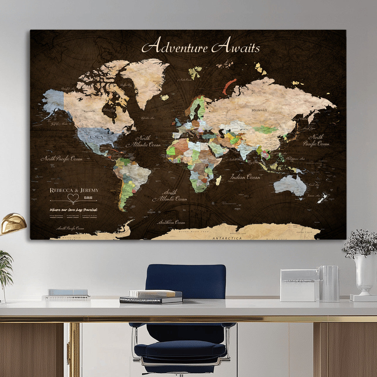95753799-MGV-CV-36X24 - Custom Push Pin World Map Canvas Print – Personalized Travel Map Wall Art