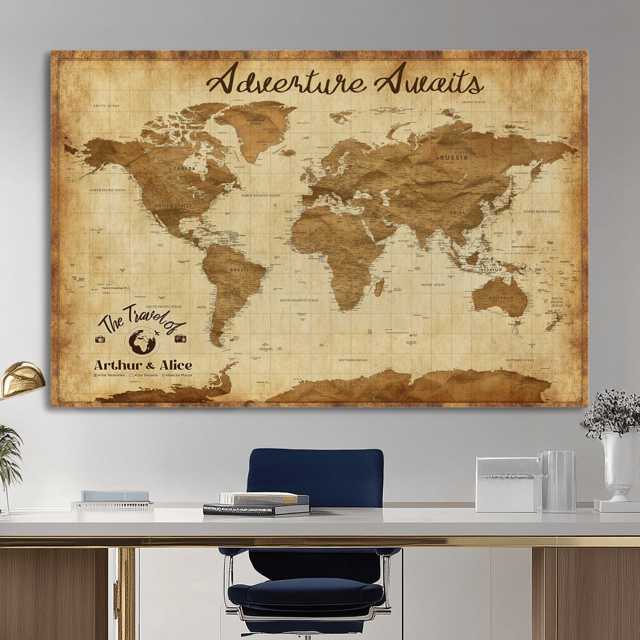 43427501-MGV-CV-36X24 - Custom Push Pin World Map Canvas Print – Personalized Travel Map Wall Art