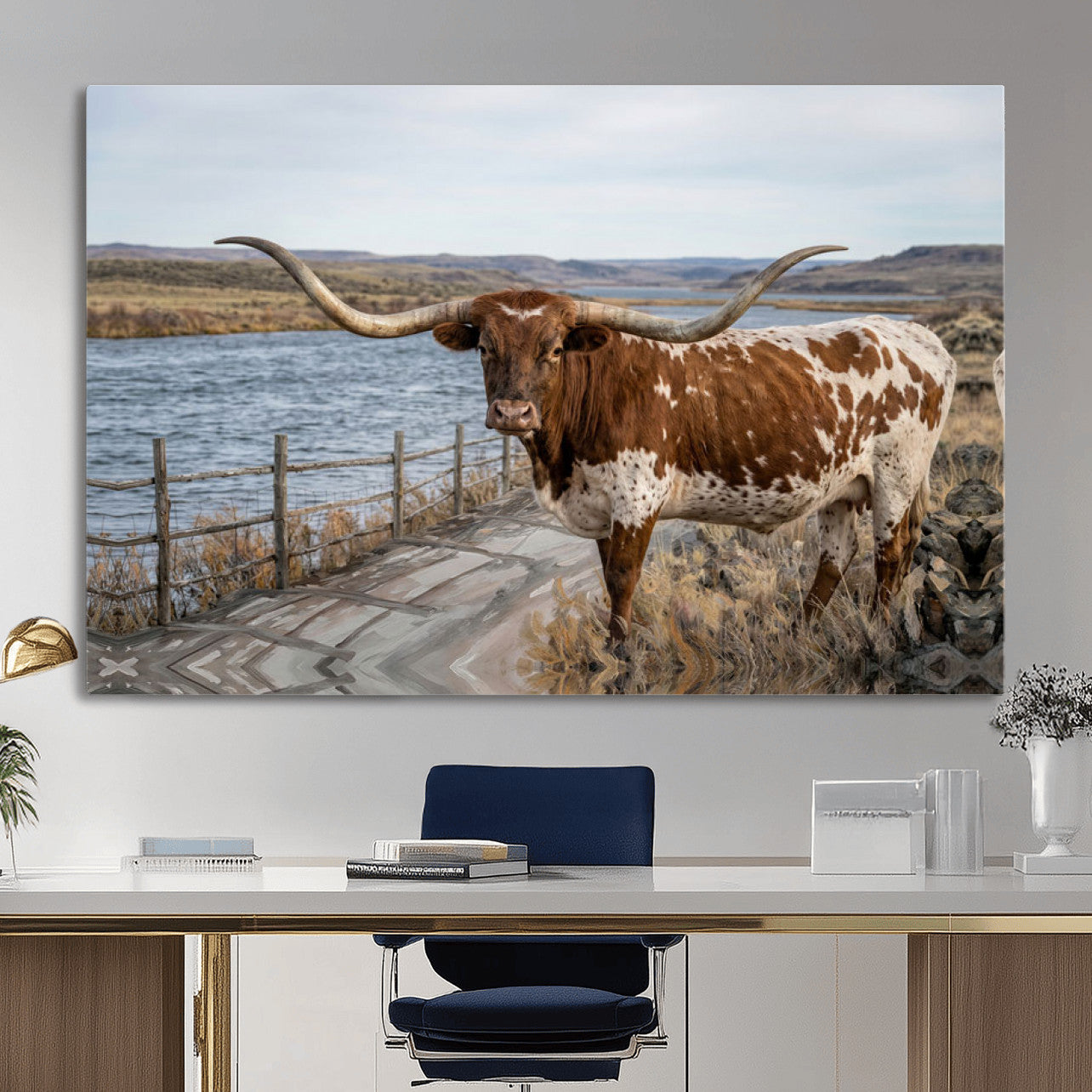 91575949-MGV-CV-36X24 - Texas Longhorn Cattle in Desert Pasture Wall Art Canvas Print - Rustic Western Decor