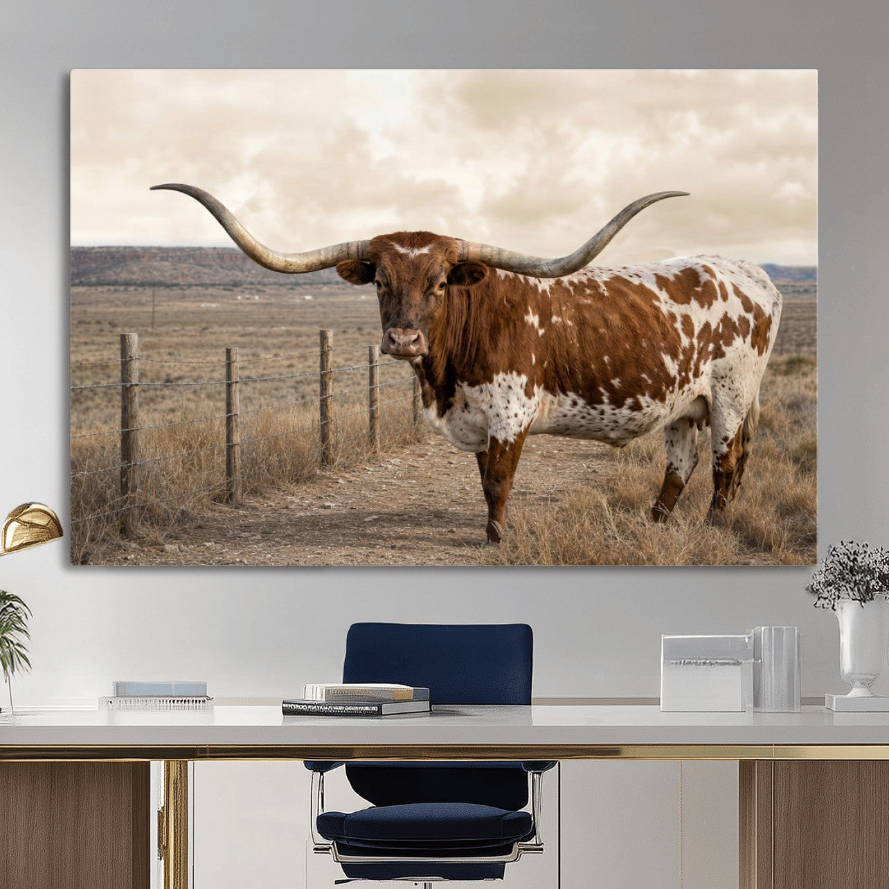 22808364-MGV-CV-36X24 - Texas Longhorn Cattle in Desert Pasture Wall Art Canvas Print - Rustic Western Decor