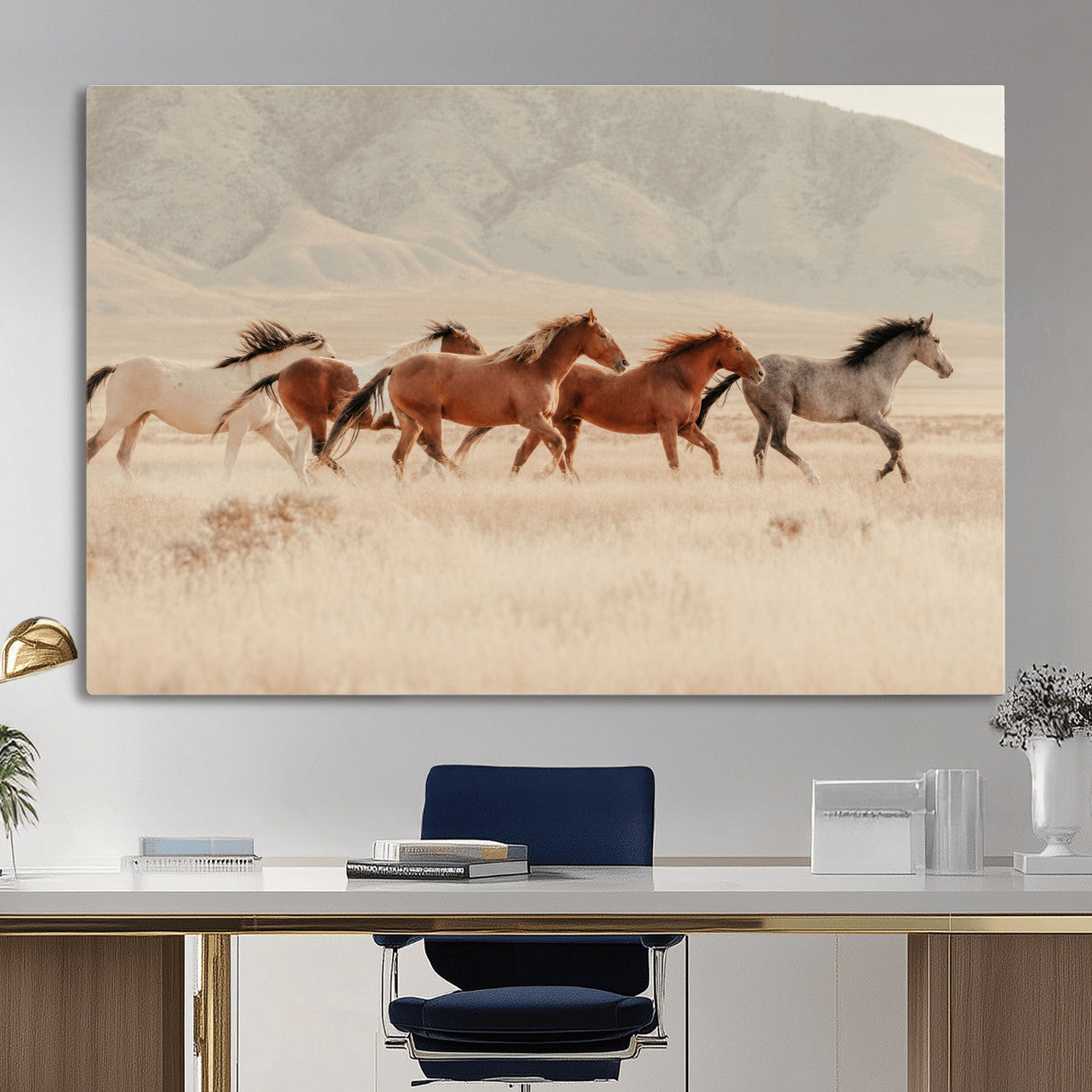 43348446-MGV-CV-36X24 - Herd of Wild Horses Running in Desert Mountain Wall Art Canvas Print - Boho Western Landscape